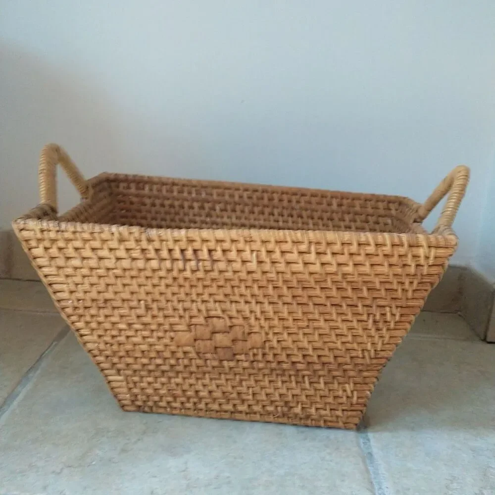 Wicker Rattan Basket Tight Braid Double Handle Rectangle Brown Cottage Indonesia